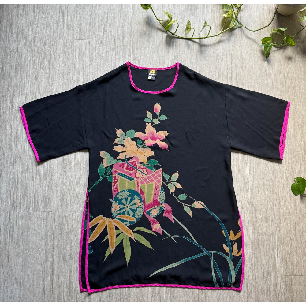 Vintage Anne Namba Tunic Top Blouse 100% Silk Floral Print OS Garden House